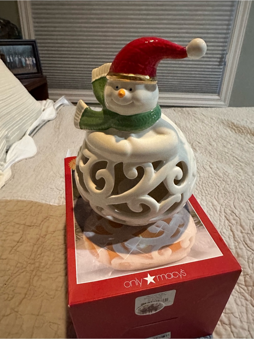 Lenox White Snowman Light-Up Holiday Ornament with Red Hat and Green Scarf
